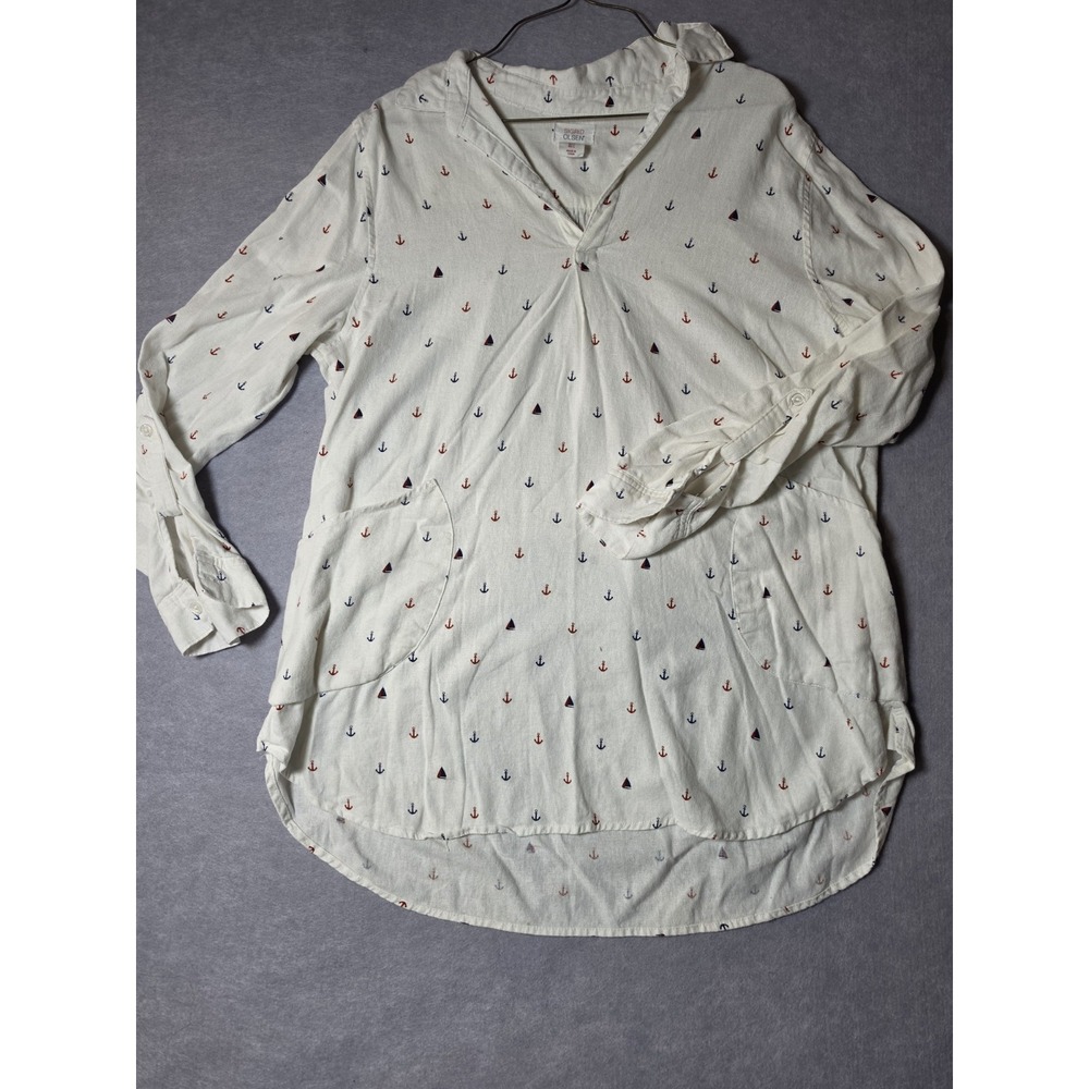 Sigrid Olsen Linen Blend Womens Nautical Tunic Top L Pockets Anchor  Beach Sail
